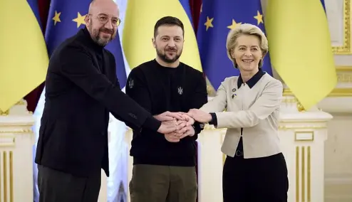  ?? ?? (L-R): Charles Michel, Volodymyr Zelenskyy and Ursula von der Leyen at the EU-Ukraine summit in Kyiv, Ukraine, Friday, Feb. 3, 2023.
