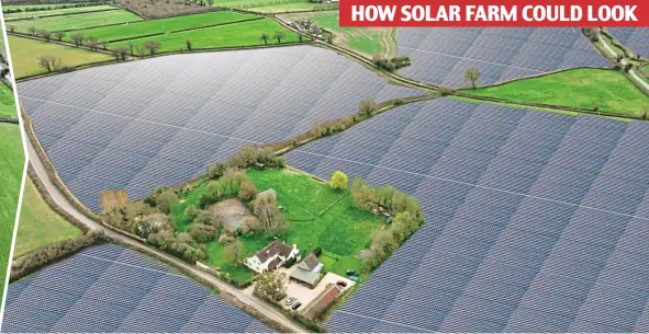  ?? ?? Blot on the landscape: Fosse Farm (above, far left) and an artist’s impression of the solar farm. Left, protesters against the proposed plan