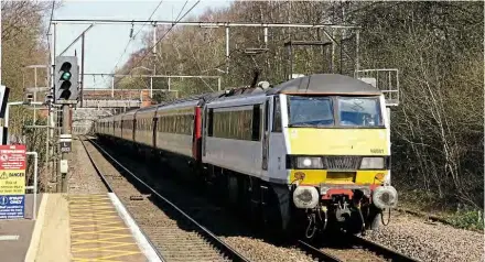  ?? Iain Scotchman ?? No. 90001 passes Ingateston­e (Essex) with the 1P35/12.00 Norwich to Liverpool Street on March 24, the last scheduled day of loco-hauled operation on the GEML.