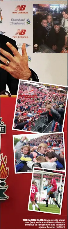  ?? Picture: NICK TAYLOR/GETTY IMAGES ?? THE MAINZ MAN: Klopp greets Mainz fans (top), embraces them as the club continue to rise (centre) and in actionagai­nst Arsenal (bottom)