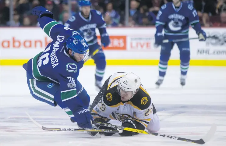  ?? — THE CANADIAN PRESS FILES ?? Vancouver Canucks centre Joseph Cramarossa, left, is one of several players who are getting a chance to show their skills as the season winds down.