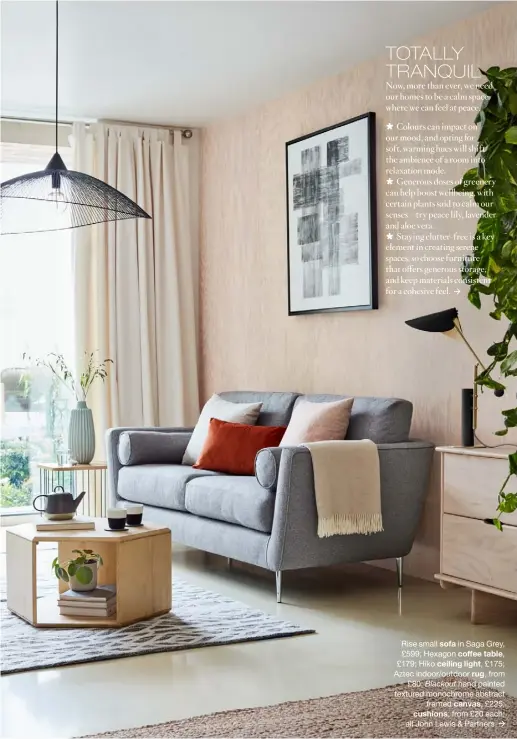  ??  ?? Rise small sofa in Saga Grey, £599; Hexagon coffee table, £179; Hiko ceiling light, £175; Aztec indoor/outdoor rug, from £80; Blackout hand painted textured monochrome abstract framed canvas, £225; cushions, from £20 each; all John Lewis & Partners