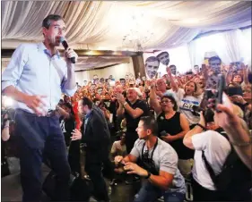  ?? JOEL MARTINEZ / THE MONITOR VIA AP ?? Beto O’rourke, a Democratic candidate for Senate, speaks at a campaign stop Sunday in Edinburg, Texas. In response to his opponent, Ted Cruz, being harassed at a restaurant, O’rourke wrote on Twitter: “Not right that Senator Cruz and his wife Heidi were surrounded and forced to leave a restaurant last night because of protesters. The Cruz family should be treated with respect.”