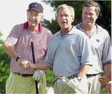  ?? — AFP ?? Thicker than blood: (From left) Bush and his sons George and Jeb enjoying a round of golf at the Cape Arundel Golf Club in Maine, United States, in July 2001.