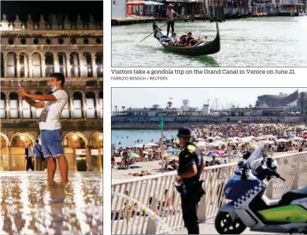  ?? NACHO DOCE / REUTERS ?? A police officer looks on as beachgoers enjoy sunny weather in Barcelona, Spain, on June 21.