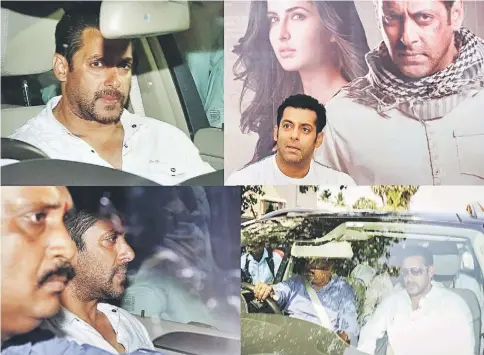  ??  ?? (Clockwise from top left) Salman sits in a car as he leaves a court in Mumbai. • In this August 2012 photo, Salman looks on during a promotiona­l event for the film ‘Ek Tha Tiger’ in New Delhi. • Salman in a car as he leaves his house for court in...