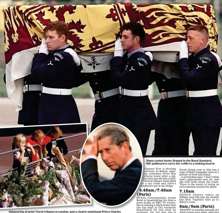  ??  ?? Outpouring of grief: Floral tributes in London, and a clearly emotional Prince Charles Diana comes home: Draped in the Royal Standard, RAF pallbearer­s carry her coffin to a waiting hearse