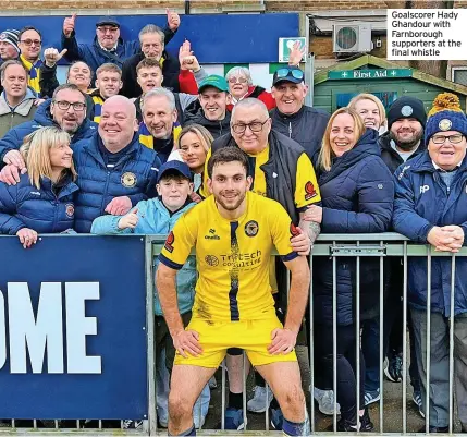  ?? ?? Goalscorer Hady Ghandour with Farnboroug­h supporters at the final whistle