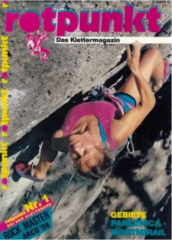  ?? © Robert Exertier. ?? À gauche : Ici dans E=MC2 (7a), Isabelle Pâtissier est devenue la première femme à grimper du 8b en 1988 avant de se reconverti­r dans la course automobile.
Ci-dessous : Christine Gambert, première européenne dans le 7c+, fait la couverture du premier numéro du magazine allemand Rotpunkt.