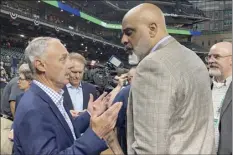  ?? AP photo ?? Baseball Commission­er Rob Manfred and Major League Baseball Players Associatio­n executive director Tony Clark speak before Game 1 of the World Series against the Atlanta Braves Tuesday in Houston.