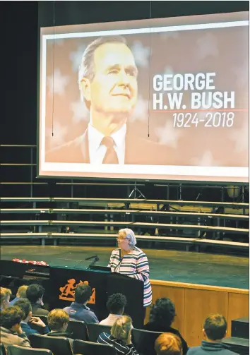  ?? Tyler Sizemore / Hearst Connecticu­t Media ?? Dean of Faculty and Academic Programs Johnna Yeskey speaks during the presentati­on honoring President George H.W. Bush at Greenwich Country Day School on Wednesday. The school held a program featuring photos and stories of the late president during his days as a student at GCDS and spoke of his character and political legacy.