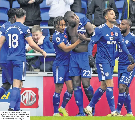  ??  ?? Sol Bamba’s late winning goal against Brighton at the weekend has fuelled hope that Cardiff can stay in the Premier League