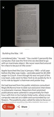  ??  ?? Microsoft’s ‘Image to Text’ in action within the Office mobile app, transcribi­ng a page from Walter Isaacson’s biography of Steve Jobs.