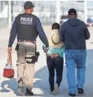  ?? JOHN MINCHILLO/AP ?? Government agents take a suspect into custody during an immigratio­n sting June 5 at Corso’s Flower and Garden Center in Castalia, Ohio.