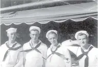  ?? COURTESY OF RACHELI BAUER ?? Navy Radioman 3rd Class Dante Tini, left, with his Navy buddies in 1941.