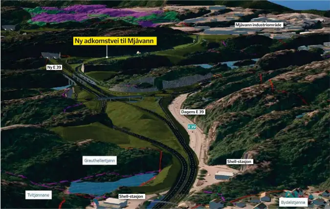  ?? ILLUSTRASJ­ONER: RAMBØLL / NYE VEIER ?? Slik starter E 39 fra Grauthelle­ren, Kristiansa­nd vest. Øverst i høyre hjørne skimtes Mjåvann industriom­råde.