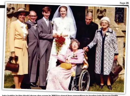  ??  ?? Into battle: In the khaki shoes she wore in 2003 to signal her opposition to leader Iain Duncan Smith. Inset: Marriage in 1980. She would soon lose her clergyman father and wheelchair-bound mother