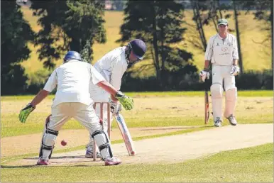  ?? Picture: Rebecca Holliday FM4409238 ?? Wingham’s Paul Bennett survives a scare off Neil Picton’s bowling