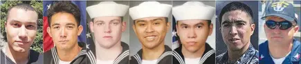  ?? U.S. NAVY VIA AP ?? The seven U.S. sailors who died in a collision between the USS Fitzgerald and a container ship off Japan on Saturday are, from left, Personnel Specialist 1st Class Xavier Alec Martin, 24, Halethorpe, Md.;, Yeoman 3rd Class Shingo Alexander Douglass,...