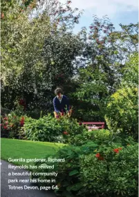  ??  ?? Guerilla gardener, Richard Reynolds has revived a beautiful community park near his home in Totnes Devon, page 64.