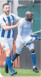  ??  ?? Killie’s Youssouf Mulumbu, above right, celebrates scoring the only goal