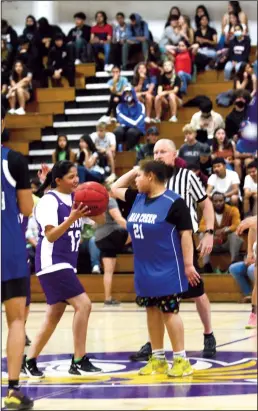  ?? WES BOWERS/NEWS-SENTINEL ?? Alexxis Isquierdo wins the tip-off against Jamayka Evans during Thursday’s Unified Basketball Special Olympics event at Tokay High.