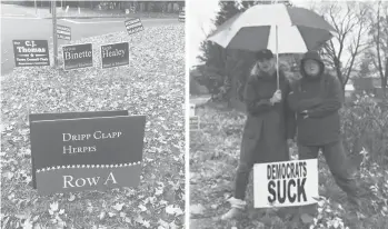  ??  ?? Across Connecticu­t, political lawn signs have been used as weapons. Some argue the expression is free speech, others say the signs are hateful and offensive, changing the tone of local elections. Pictured are lawn signs in Farmington (left) and Democrats calling out the signs in Avon (right). Not pictured are signs in Greenwich, comparing a candidate for First Selectman to Trump.