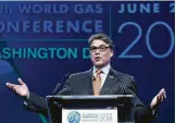  ?? Andrew Harrer / Bloomberg ?? Energy Secretary Rick Perry speaks during the World Gas Conference last month in Washington, D.C.