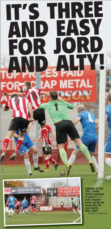  ?? PICTURE: ShutterPre­ss ?? COMING TO GET YOU: Jordan Hulme equalises to make it 1-1 with a header before giving the home side the lead shortly after, inset