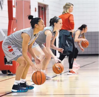  ?? JIM THOMPSON/JOURNAL ?? Australia’s Ahlise Hurst, left, takes part in dribbling drills during a workout at UNM’s Davalos Center on Friday.