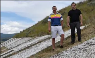  ?? AMANDA SHORT/Special to The Okanagan Weekend ?? Coldwell Banker associates Brooks Lancaster and Blake Apolzer stand with the 16.5-metre “N” on the side of Munson Mountain, Friday.