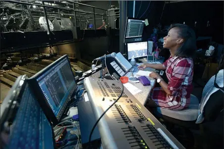  ?? NWA Democrat-Gazette/ANDY SHUPE ?? Shannon Jones, stage manager for TheatreSqu­ared, operates the sound and lighting boards May 24 during a performanc­e of The Hound of the Baskervill­es in the Nadine Baum Studios in Fayettevil­le.