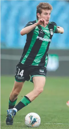  ?? Picture: AAP ?? HAT-TRICK HERO: Western United’s Max Burgess stars in the win against Central Coast Mariners at GMHBA Stadium.