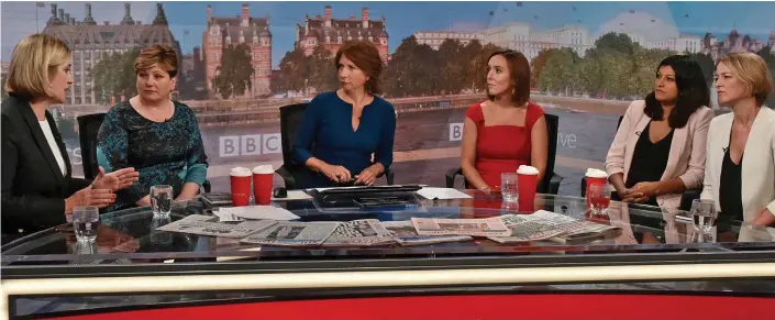  ??  ?? Debate: MPs Amber Rudd and Emily Thornberry on Politics Live yesterday with, from left, presenter Jo Coburn, Camilla Tominey, Anushka Asthana and Laura Kuenssberg