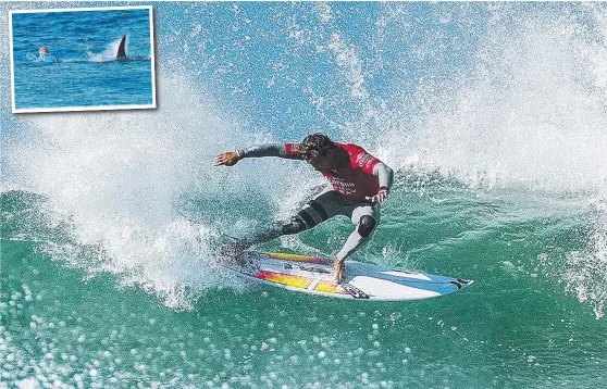  ?? Picture: AAP/WORLD SURF LEAGUE ?? Sunshine Coast surfer Julian Wilson in action this week at Jeffreys Bay, where Mick Fanning was attacked by a shark in 2015 (inset).