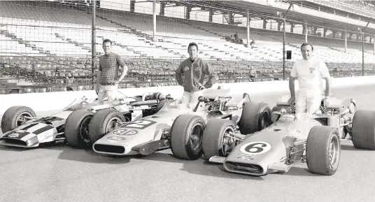  ?? INDIANAPOL­ISMOTORSPE­EDWAY ?? Aldo Andretti, center, subs for twin brother Mario Andretti in front-row photo with BobbyUnser, left, andA.J. Foyt for the 1969 Indianapol­is 500.