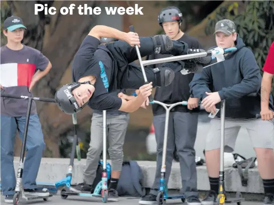  ?? Photo / Brett Phibbs. ?? Profession­al scooter rider Cody Flom of California in action at Victoria Park skateboard park, during a demonstrat­ion to launch the arrival of Lucky Scooters in New Zealand.