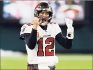  ?? Matt Ludtke / Associated Press ?? Buccaneers quarterbac­k Tom Brady reacts after winning the NFC championsh­ip against the Green Bay Packers in Green Bay, Wis., on Jan. 24.