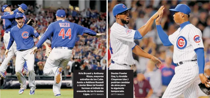  ?? GETTY IMAGES
GETTY IMAGES ?? Kris Bryant y Anthony
Rizzo, mayores estrellas de los Cubs. Junto a Addison Russell y Javier Báez (al fondo)
forman el infield de ensueño de las Grandes
Ligas. Dexter Fowler (izq.) y Aroldis Chapman (der.) podrían cambiar de aires para la siguiente...