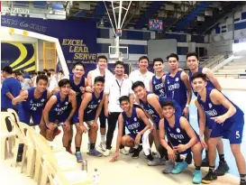  ?? RYAN SIPE PHOTO ?? FIRST WIN. The Ateneo de Davao University (Addu) Blue Knights celebrates its first win over Xavier University (XU) Cagayan de Oro City 8753 in the Jesuit Athletic Meet (JAM) 2018 Junior Boys basketball tournament held at Sacred Heart Cebu (SHS) Friday, October 26.