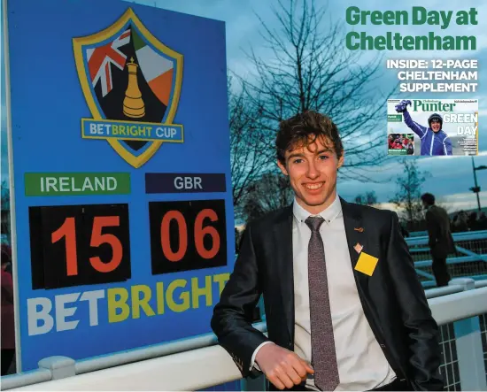  ?? RAMSEY CARDY/SPORTSFILE ?? Jack Kennedy – who rode one winner yesterday – stands in front of the scoreboard which sees Ireland nine winners ahead of Britain