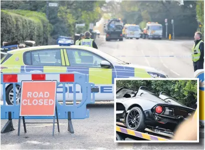  ??  ?? ●●Police close off Bramhall Lane South in Bramhall after the crash and (inset) one of the vehicles involved is towed away