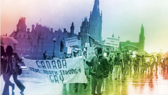  ??  ?? Gay rights activists demonstrat­e in front of the Peace Tower in Ottawa in August 1971