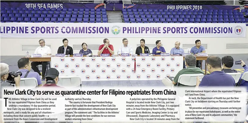  ??  ?? PhiliPPine Sports Commission Chairman William Ramirez (center) calls an emergency press conferenve to address the coronaviru­s crisis. With Ramirez are (from left) PSC Deputy executive Directors Atty. Guillermo iroy Jr. and Dennis Rivera, executive Director Merlita ibay, Commission­er Ramon Fernandez, PSC Commission­ers Arnold Agustin and Charles Raymond Maxey, Philippine Olympians Associatio­n board member Stephen Fernandez and PSC’s Chief of Staff and national Training Director Marc Velasco.