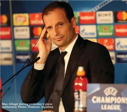  ??  ?? Max Allegri during yesterday’s press conference. Photo: Domenic Aquilina