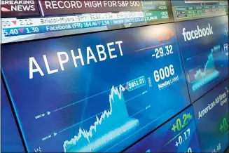  ??  ?? In this file photo, Alphabet stock is shown on a screen at the Nasdaq MarketSite in New York. Google’s parent company has reached a $310 million settlement, Friday, Sept. 25, 2020, in a shareholde­r lawsuit over its treatment
of allegation­s of sexual misconduct by executives. (AP)