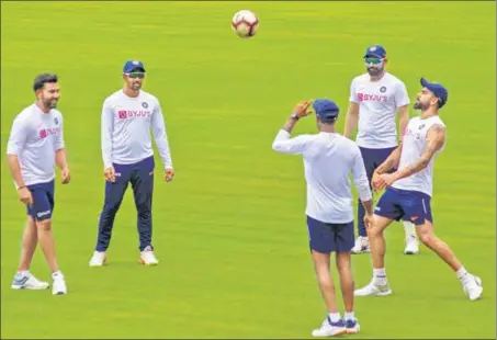  ?? PTI ?? India players Rohit Sharma (L-R), Wriddhiman Saha, Md. Shami and skipper Virat Kohli during practice in Visakhapat­nam on Monday.