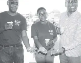  ?? (Ministry of Education photo) ?? Ministry of Public Health officials about to take pills that will be distribute­d to public school students as part of a campaign to prevent Lymphatic filariasis. At centre is government medical officer Dr. Fabu Moses, while at right is Chief Medical...