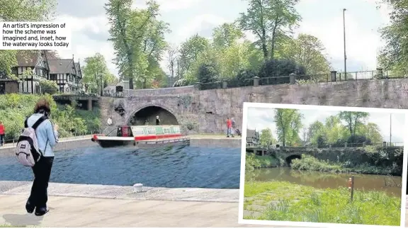  ??  ?? An artist’s impression of how the scheme was imagined and, inset, how the waterway looks today