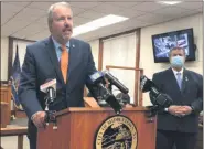  ?? MID-HUDSON NEWS NETWORK ?? Orange County District Attorney David Hoovler speaks at a press conference on Tuesday, Sept. 1, in Middletown, N.Y.
Online: Three videos are posted with this story at